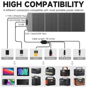 TWELSEAVAN Portable Solar Panel for Power Station, 120W Foldable Solar Charger with QC3.0/PD60W/DC 4 Outputs for Phone Tablet, Camping Outdoors RV