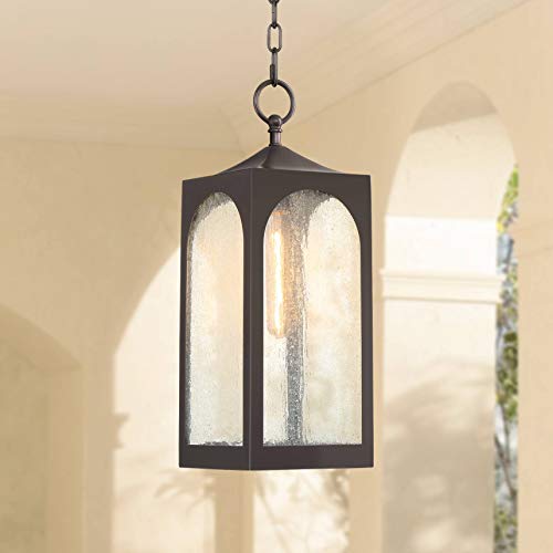 Possini Euro Design Tyne Modern Outdoor Hanging Light Fixture Bronze Lantern 19" Seedy Glass Shade for Exterior Barn Deck House Porch Yard Patio Outside Garage Front Door Garden Home Roof Lawn