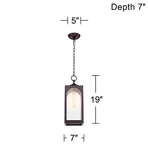 Possini Euro Design Tyne Modern Outdoor Hanging Light Fixture Bronze Lantern 19" Seedy Glass Shade for Exterior Barn Deck House Porch Yard Patio Outside Garage Front Door Garden Home Roof Lawn