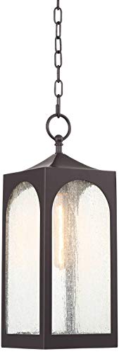 Possini Euro Design Tyne Modern Outdoor Hanging Light Fixture Bronze Lantern 19" Seedy Glass Shade for Exterior Barn Deck House Porch Yard Patio Outside Garage Front Door Garden Home Roof Lawn