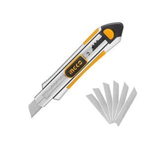 ingco retractable utility knife, aluminum box cutter heavy duty with 6pcs self loading quick change snap-off sk5 blades for cutting box paper bag carpet carton cloth hkns1808