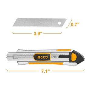 INGCO Retractable Utility Knife, Aluminum Box Cutter Heavy Duty with 6pcs Self Loading Quick Change Snap-off SK5 Blades for Cutting Box Paper Bag Carpet Carton Cloth HKNS1808