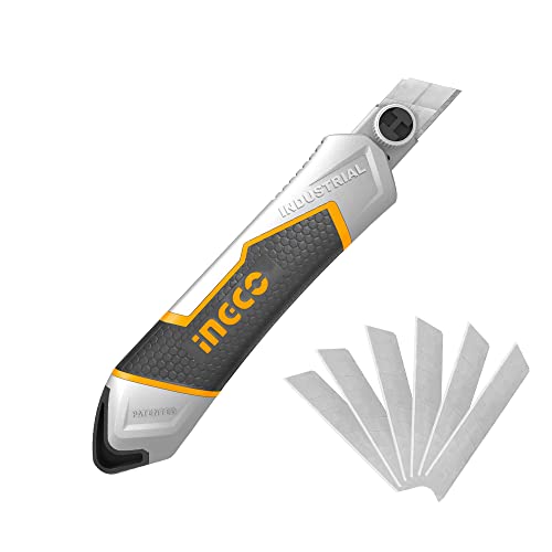 INGCO Retractable Utility Knife, Aluminum Box Cutter Heavy Duty with 6pcs Self Loading Quick Change Snap-off SK5 Blades for Cutting Box Paper Bag Carpet Carton Cloth HKNS1808