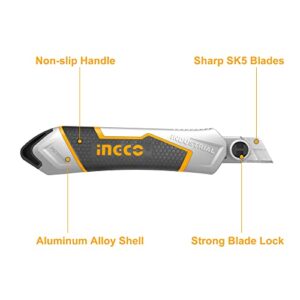 INGCO Retractable Utility Knife, Aluminum Box Cutter Heavy Duty with 6pcs Self Loading Quick Change Snap-off SK5 Blades for Cutting Box Paper Bag Carpet Carton Cloth HKNS1808