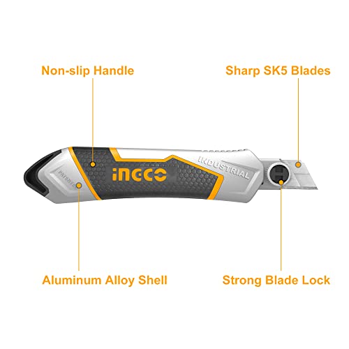 INGCO Retractable Utility Knife, Aluminum Box Cutter Heavy Duty with 6pcs Self Loading Quick Change Snap-off SK5 Blades for Cutting Box Paper Bag Carpet Carton Cloth HKNS1808