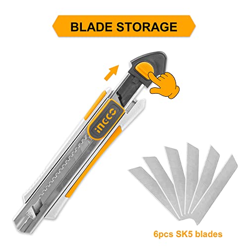 INGCO Retractable Utility Knife, Aluminum Box Cutter Heavy Duty with 6pcs Self Loading Quick Change Snap-off SK5 Blades for Cutting Box Paper Bag Carpet Carton Cloth HKNS1808