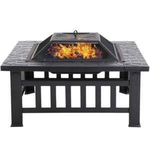 fire pit, 32” outdoor metal fire pit table with durable steel frame, poker & mesh cover, wood burning square fireplace backyard patio stove for camping picnic bonfire bbq, black