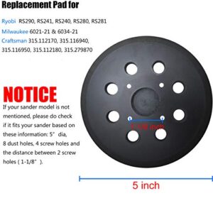 5" Universal Replacement Sander Pad for Ryobi RS290, RS240, RS280, Milwaukee 6021-21, 6034-21, Craftsman 315112170, 315116940 ROS Sander - 5 Inch 8 Hole Hook and Loop Sanding Pad