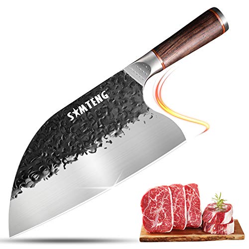 SMTENG Effort Saving Kitchen Knife 8 inch-High Carbon Clad Steel Hammered Chinese Knife with Pakkawood Handle，Butcher Meat Cleaver knives Vegetable Cutting Slicing Knife