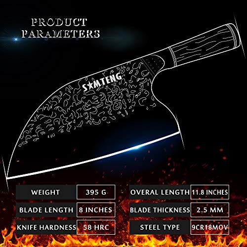 SMTENG Effort Saving Kitchen Knife 8 inch-High Carbon Clad Steel Hammered Chinese Knife with Pakkawood Handle，Butcher Meat Cleaver knives Vegetable Cutting Slicing Knife