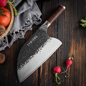 SMTENG Effort Saving Kitchen Knife 8 inch-High Carbon Clad Steel Hammered Chinese Knife with Pakkawood Handle，Butcher Meat Cleaver knives Vegetable Cutting Slicing Knife