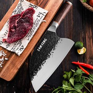 SMTENG Effort Saving Kitchen Knife 8 inch-High Carbon Clad Steel Hammered Chinese Knife with Pakkawood Handle，Butcher Meat Cleaver knives Vegetable Cutting Slicing Knife