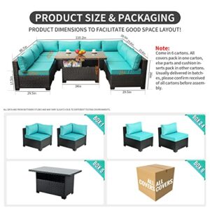 Outdoor PE Wicker Rattan Furniture Set - 9 Piece Patio Garden Sectional Sofa Chair with Turquoise Cushion