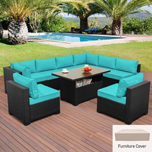 Outdoor PE Wicker Rattan Furniture Set - 9 Piece Patio Garden Sectional Sofa Chair with Turquoise Cushion