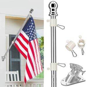 silver flag pole for outside house, 5.1 ft flagpole kit with wall mount holder bracket, 2 ring clips, stainless steel metal flag poles for 3x5 american flags outdoor, garden, yard, porch, handheld