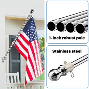Silver Flag Pole for Outside House, 5.1 FT Flagpole Kit with Wall Mount Holder Bracket, 2 Ring Clips, Stainless Steel Metal Flag Poles for 3x5 American Flags Outdoor, Garden, Yard, Porch, Handheld