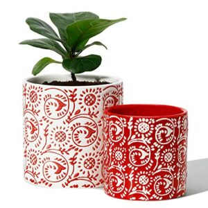 potey red planters pots for plants indoor - 5.9 +4.7 inch modern ceramic cylinder flower pots with drainage holes for christmas home decor 051801, set of 2, plants not included