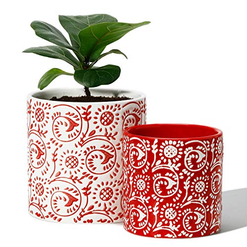 POTEY Red Planters Pots for Plants Indoor - 5.9 +4.7 Inch Modern Ceramic Cylinder Flower Pots with Drainage Holes for Christmas Home Decor 051801, Set of 2, Plants Not Included