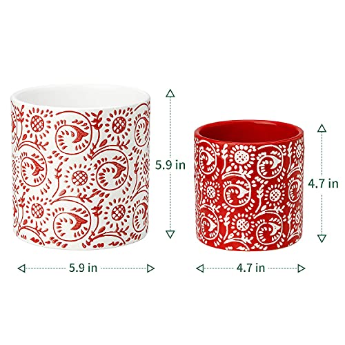 POTEY Red Planters Pots for Plants Indoor - 5.9 +4.7 Inch Modern Ceramic Cylinder Flower Pots with Drainage Holes for Christmas Home Decor 051801, Set of 2, Plants Not Included