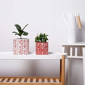 POTEY Red Planters Pots for Plants Indoor - 5.9 +4.7 Inch Modern Ceramic Cylinder Flower Pots with Drainage Holes for Christmas Home Decor 051801, Set of 2, Plants Not Included