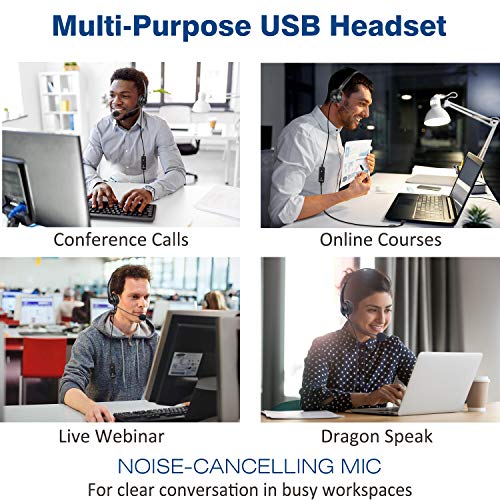 USB Headset with Microphone Noise Cancelling & Audio Controls, Wideband Computer Headphones for Business UC Skype Lync Softphone Call Center Office, Clearer Voice, Super Light, Ultra Comfort