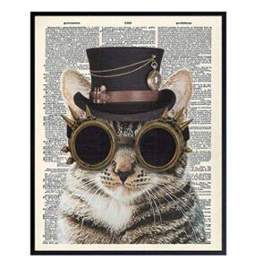 steampunk cat wall art - funny goth cat wall decor print for bedroom, veterinarian office - gift for vet, boys, men, teens, women, kitty, kitten, feline, pet, cat lovers - unique gothic dictionary art