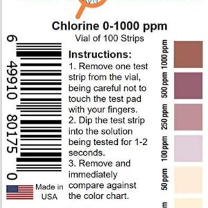 Free Chlorine/Bleach Test Strips, 0-1000 ppm [Vial of 100 Strips]