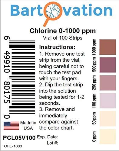 Free Chlorine/Bleach Test Strips, 0-1000 ppm [Vial of 100 Strips]