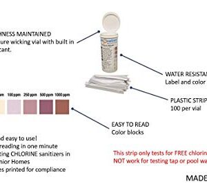 Free Chlorine/Bleach Test Strips, 0-1000 ppm [Vial of 100 Strips]