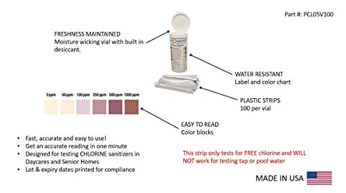 Free Chlorine/Bleach Test Strips, 0-1000 ppm [Vial of 100 Strips]