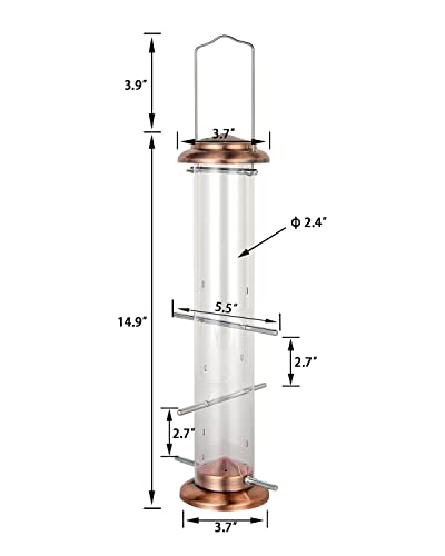 iBorn Metal Bird Feeder Thistle Bird Feeder,Finch Feeders for Thistle Seed,Tube Feeder Hanging Hook 14 Inch Brushed Copper