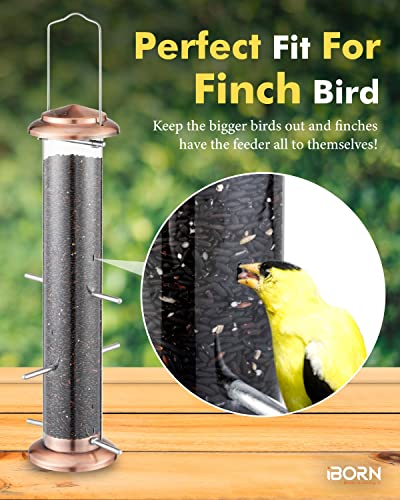 iBorn Metal Bird Feeder Thistle Bird Feeder,Finch Feeders for Thistle Seed,Tube Feeder Hanging Hook 14 Inch Brushed Copper