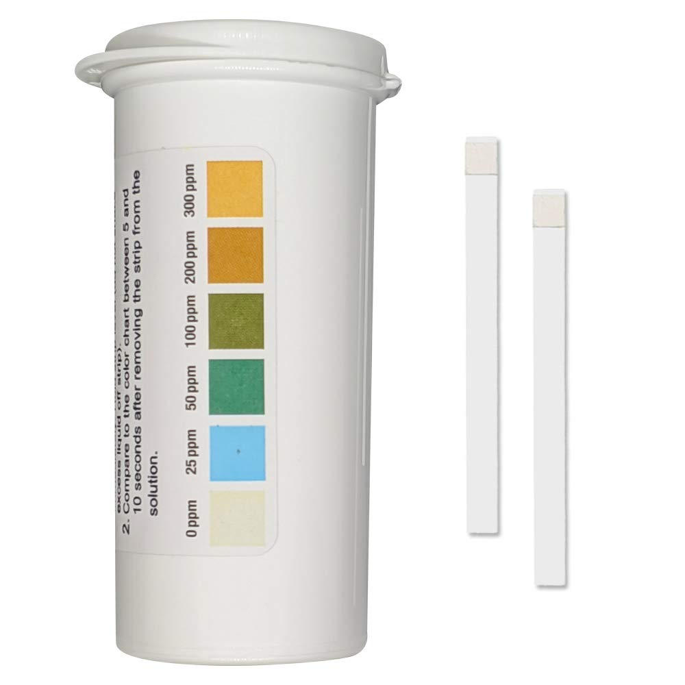 Restaurant Chlorine Sanitizer Plastic Test Strips, 0-300 ppm [Moisture Wicking Vial of 100 Strips]