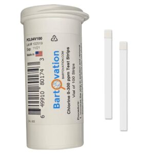 Restaurant Chlorine Sanitizer Plastic Test Strips, 0-300 ppm [Moisture Wicking Vial of 100 Strips]