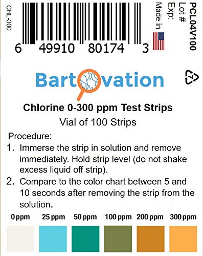 Restaurant Chlorine Sanitizer Plastic Test Strips, 0-300 ppm [Moisture Wicking Vial of 100 Strips]