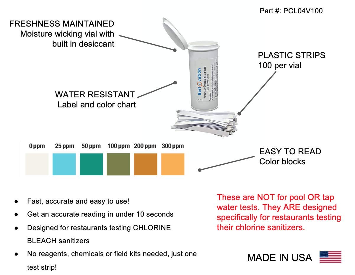 Restaurant Chlorine Sanitizer Plastic Test Strips, 0-300 ppm [Moisture Wicking Vial of 100 Strips]