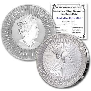 2022 p au 1 oz australian silver kangaroo coin brilliant uncirculated with certificate of authenticity $1 bu