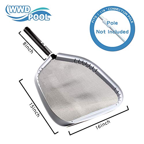 WWD POOL Pool Skimmer Net, Heavy Duty 16" Surface Leaf Rake for Cleaning, Commercial Grade Strong Reinforced - Pool Ponds Spa - Silver