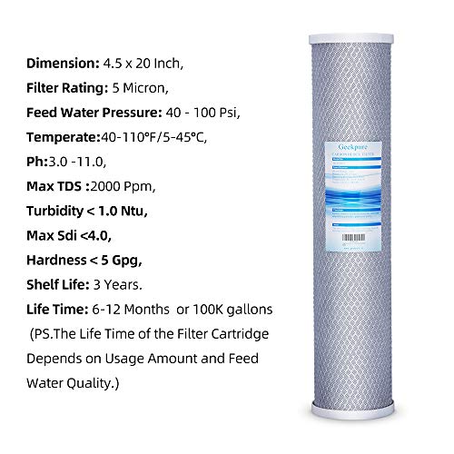 Geekpure Whole House PP Sediment and Carbon Block Replacement Filters -4.5 Inch x 20 Inch -5 Micron