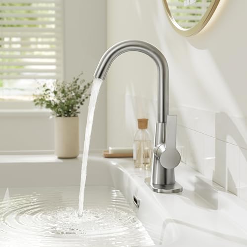 Phiestina Single Hole Brushed Nickel Bathroom Sink Faucet/Bar Sink/Pre-Kitchen Sink Faucet with 4 Inch Deck Plate,Drain and Supply Hoses, WE10-BN