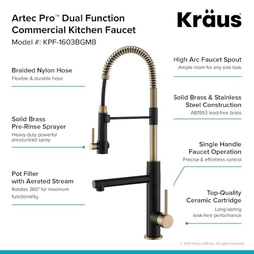 Kraus KPF-1603BGMB Artec Pro 2-Function Commercial Style Pre-Rinse Kitchen Faucet with Pull-Down Spring Spout and Pot Filler, Brushed Gold/Matte Black