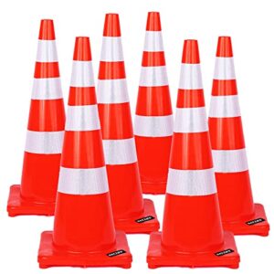 battife 36" inch traffic safety cones | 6pack pvc cone with reflective collars | weighted orange construction cones for building road driveway parking use