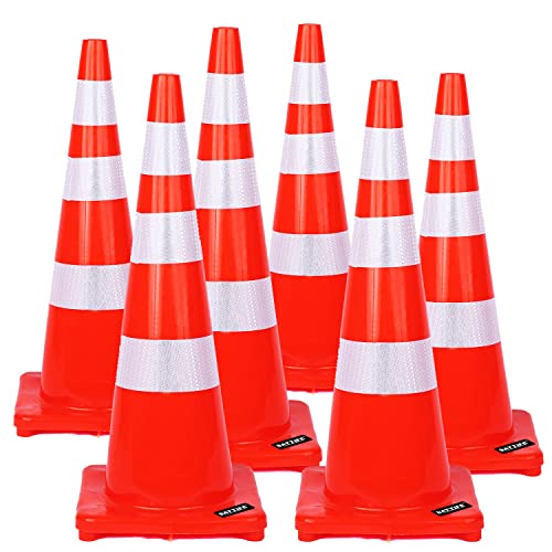 BATTIFE 36" Inch Traffic Safety Cones | 6Pack PVC Cone with Reflective Collars | Weighted Orange Construction Cones for Building Road Driveway Parking Use