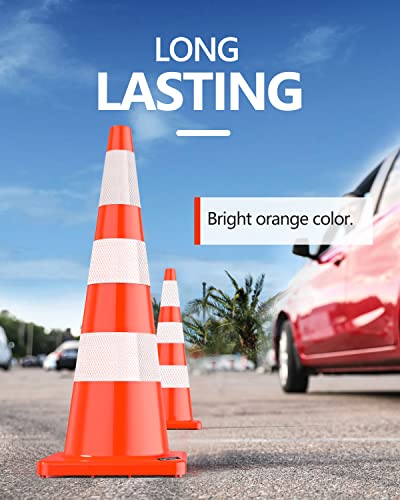 BATTIFE 36" Inch Traffic Safety Cones | 6Pack PVC Cone with Reflective Collars | Weighted Orange Construction Cones for Building Road Driveway Parking Use