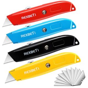 rexbeti 4-pack utility knife, heavy duty aluminum shell retractable box cutter for cartons, cardboard and boxes, extra 10 blades included