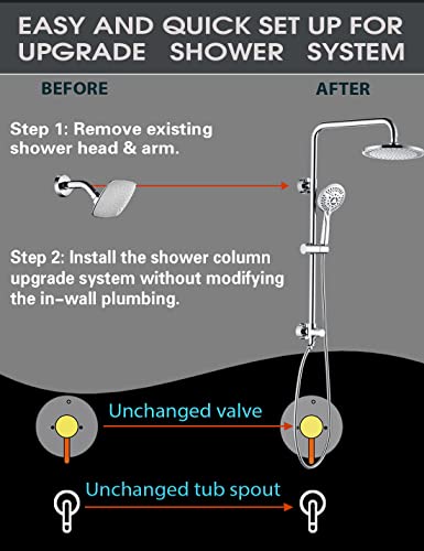 BRIGHT SHOWERS Rain Shower heads system including rain fall shower head and handheld shower head with height adjustable holder, solid brass rail 60 inch long stainless steel shower hose, Chrome