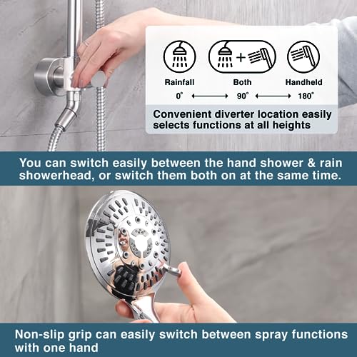 BRIGHT SHOWERS Rain Shower heads system including rain fall shower head and handheld shower head with height adjustable holder, solid brass rail 60 inch long stainless steel shower hose, Chrome