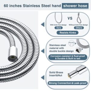 BRIGHT SHOWERS Rain Shower heads system including rain fall shower head and handheld shower head with height adjustable holder, solid brass rail 60 inch long stainless steel shower hose, Chrome