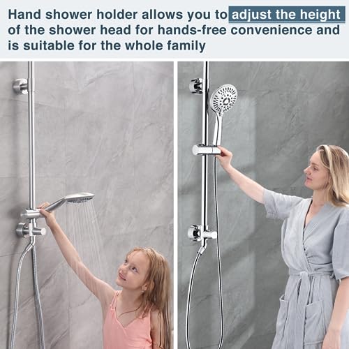 BRIGHT SHOWERS Rain Shower heads system including rain fall shower head and handheld shower head with height adjustable holder, solid brass rail 60 inch long stainless steel shower hose, Chrome