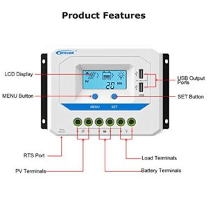 EPEVER® 10A Solar Charge Controller 12V/24V Auto Working PWM Solar Panel Charge Regulator with LCD Display and Powerful Dual USB Output